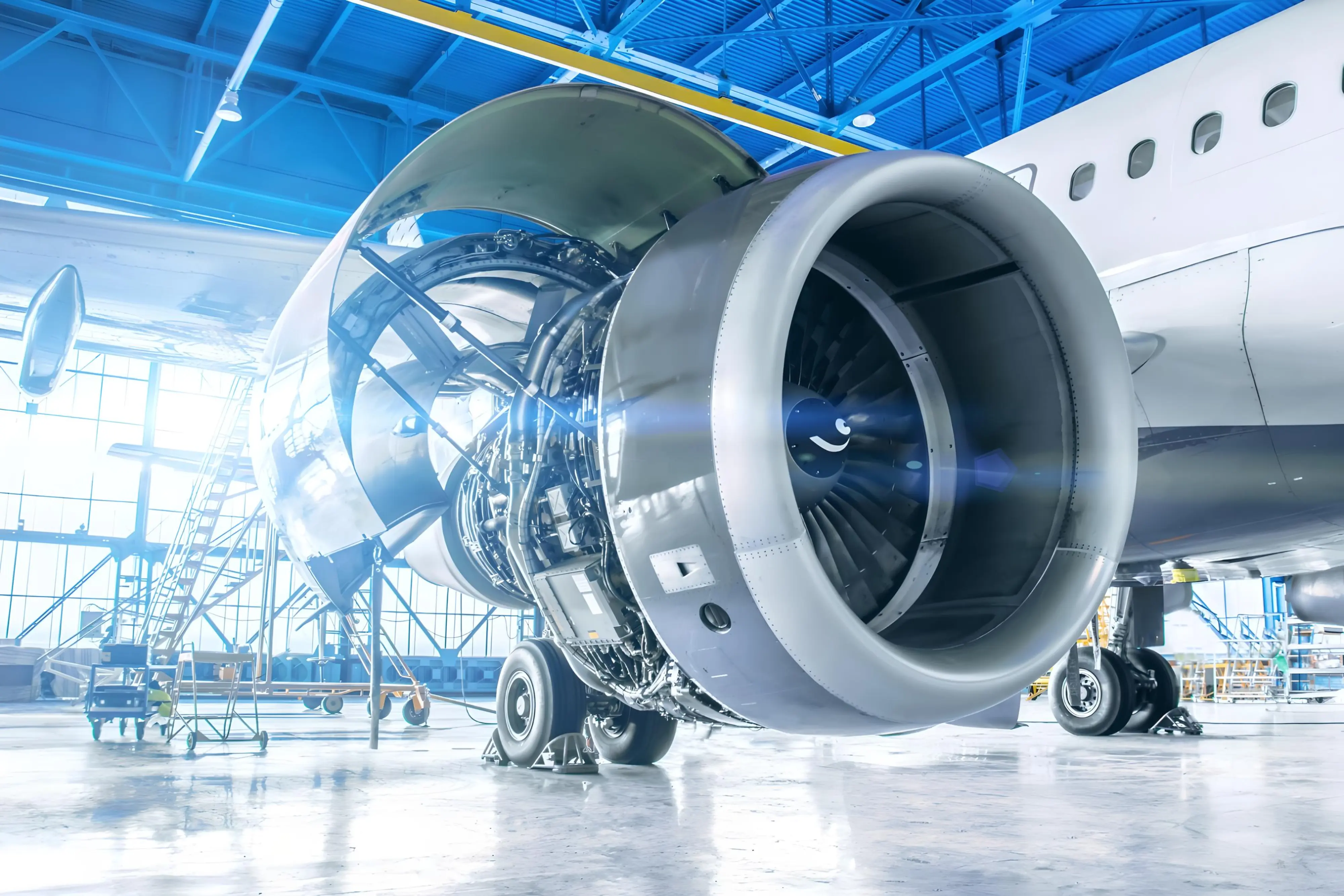 An airplane in a hangar with its engine exposed